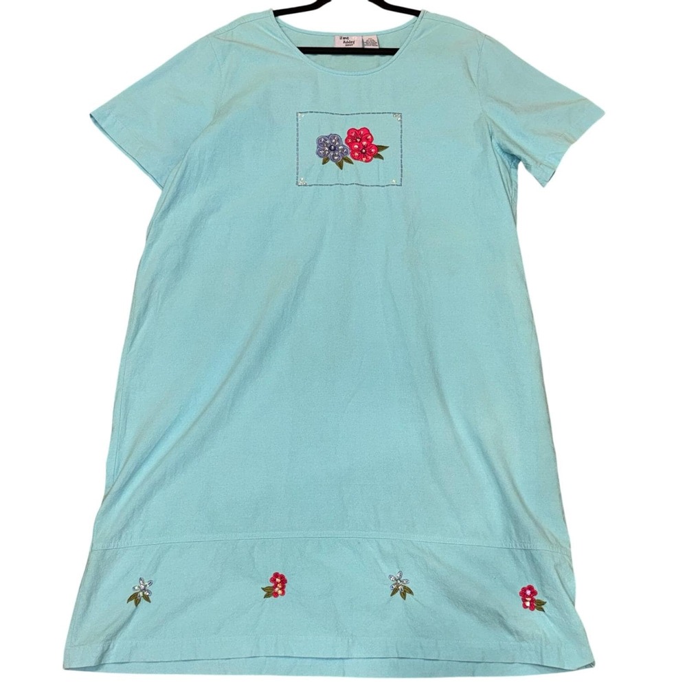 Vintage Jane Ashley Woman 2X Aqua Cotton‎ Floral Embroidered Nightgown Dress